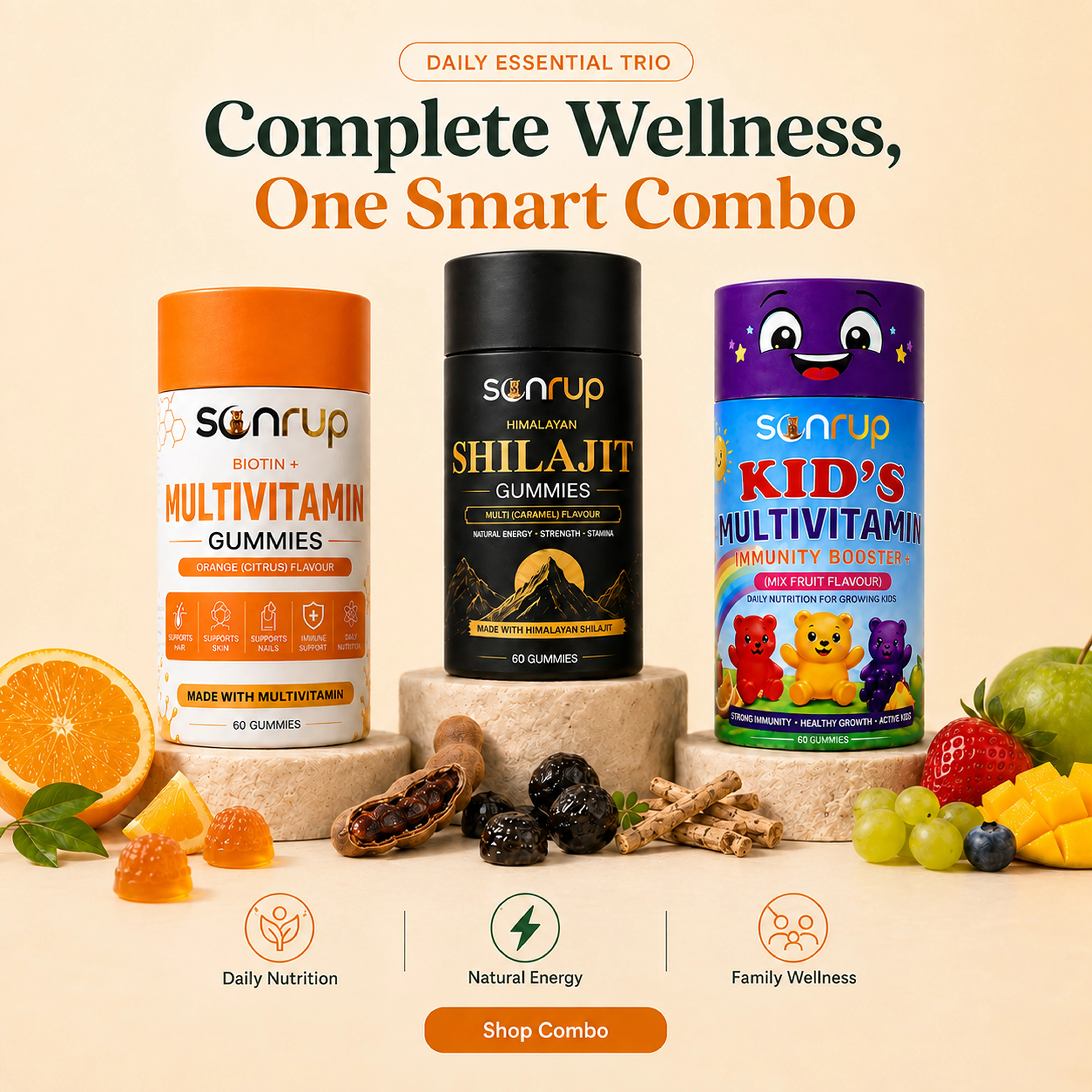 Biotin Multivitamin + Himalayan Shilajit + Kid's Multivitamin Combo 2